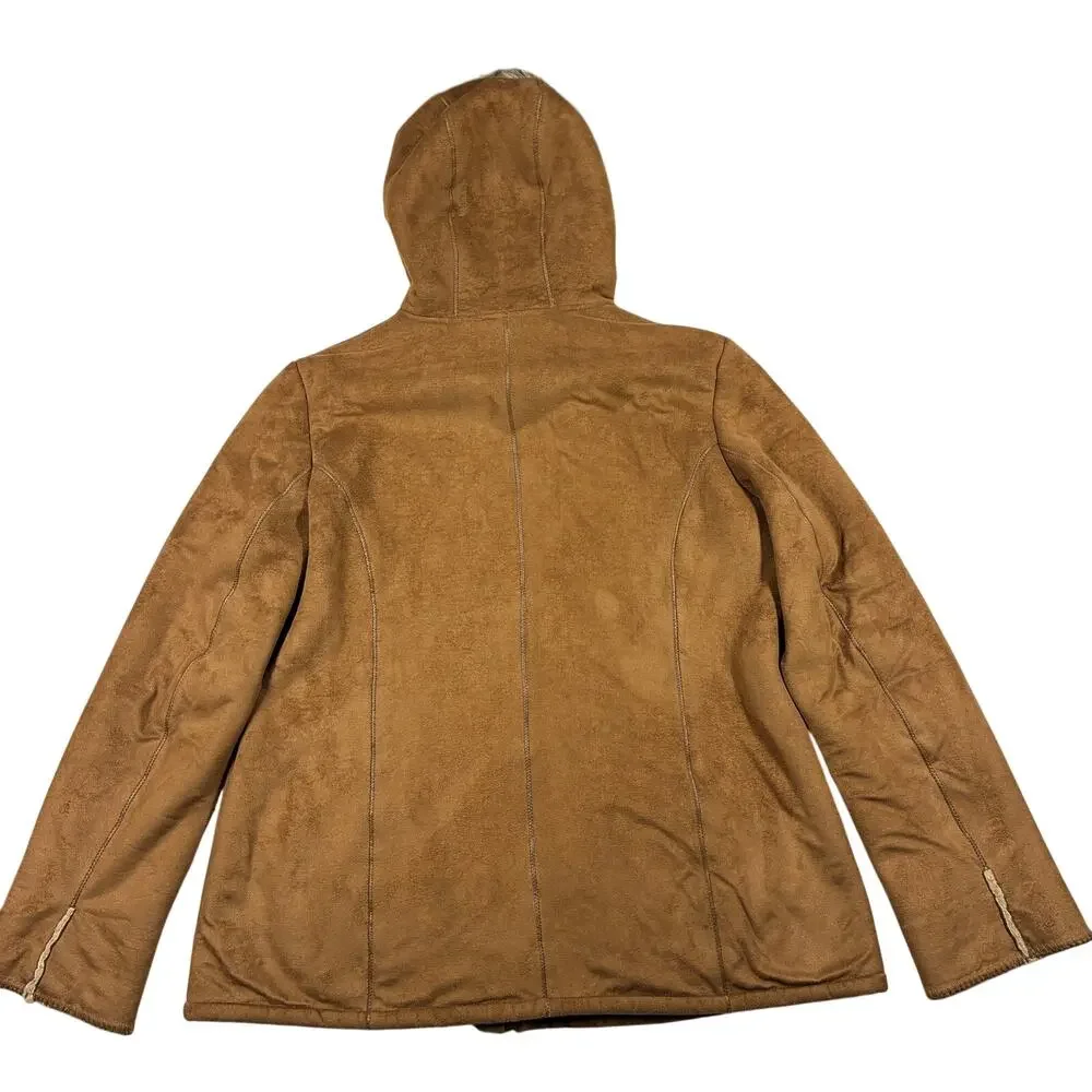 Ellen Tracy Jacket Coat Womens XL Brown Faux Suede Hooded Fur Trim Sherpa Lined